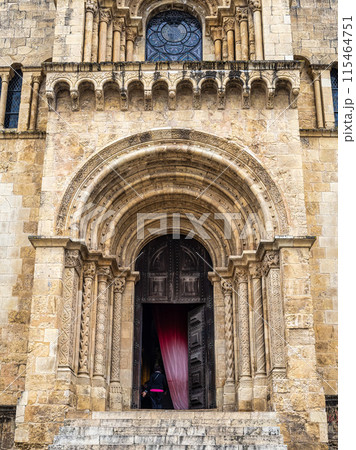 Exterior of the Old Cathedral of Coimbra, Se Velha at Coimbra, Portugal. A Romanesque Roman Catholic church 115464751