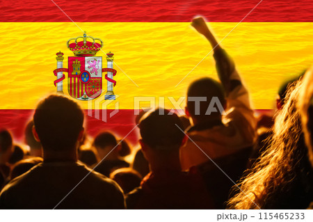 Euro 2024 Spain background. Euro 2024 celebration. Football fans rise hand. Protests in Spain, Madrid. Spain team at Euro 2024 games 115465233