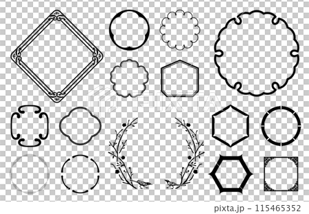 A set of retro Japanese-style labels with rice, wheat and rice motifs. Transparent background. 115465352