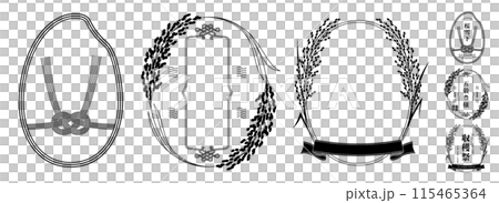 A set of retro Japanese-style labels with rice, wheat and rice motifs. Transparent background. 115465364