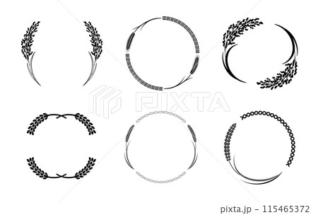 A set of retro Japanese-style labels with rice, wheat and rice motifs. Transparent background. 115465372