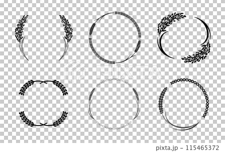 A set of retro Japanese-style labels with rice, wheat and rice motifs. Transparent background. 115465372