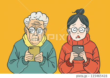 スマホを見て困るシニア夫婦 115465428