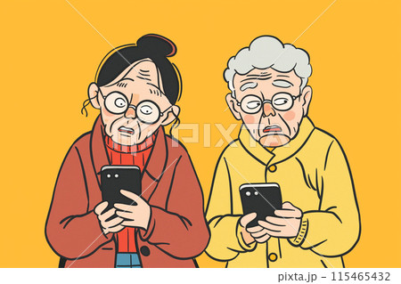 スマホを見て困るシニア夫婦 115465432
