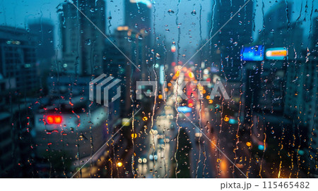 高層ビルから見える雨が降るダウンタウンの夜景 115465482