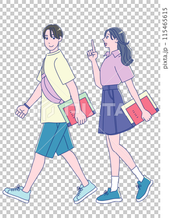 笑顔で歩くアニメ風の若い男女 115465615