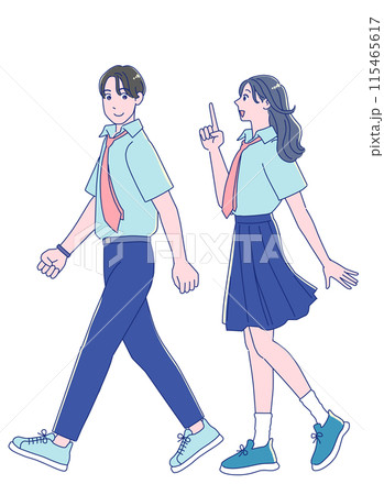 笑顔で歩く制服を着たアニメ風の男女の学生 115465617