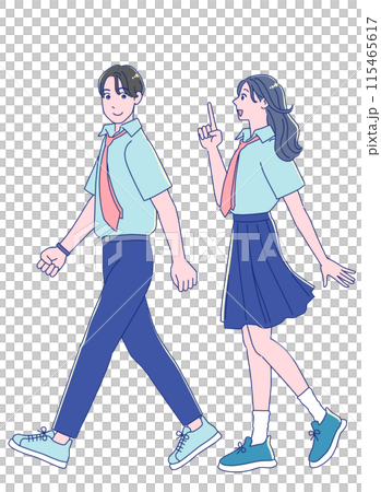 笑顔で歩く制服を着たアニメ風の男女の学生 115465617