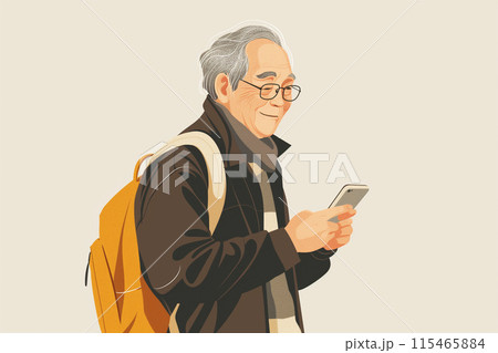 スマホを操作する笑顔のシニア男性 115465884