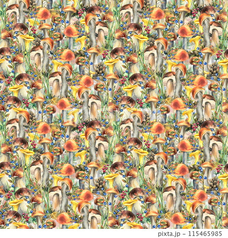 Forest edible mushrooms boletus and chanterelles with blueberries, lingonberries, autumn leaves and twigs. Watercolor illustration, hand drawn. Seamless pattern on a white background. 115465985