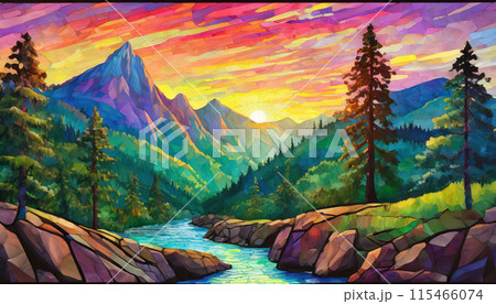 カラフルなステンドグラス風の山と川の風景のイラスト素材 [115466074