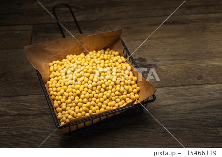 Wooden spoon, wooden box, soybeans Wooden spoon, wooden box, soybeans 115466119
