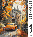 Watercolor scene of a vintage orange car parked outside a medieval castle surrounded by autumn leaves 115466186