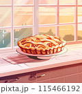Freshly baked pie with lattice crust cooling on a kitchen counter at sunset, with a scenic view through the window. 115466192