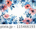 Watercolor summer flower frame, soft blue and pink blooms, white background, minimalistic and elegant, text space, delicate brush strokes, summer vibe 115466193