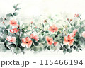 Watercolor summer floral border, soft green and pink blooms, white background, minimalistic and elegant, text space, delicate brush strokes, summer freshness 115466194