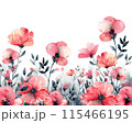 Minimalist summer flower border, watercolor style, pink and red florals, white background, elegant and simple, space for text, light and airy design 115466195