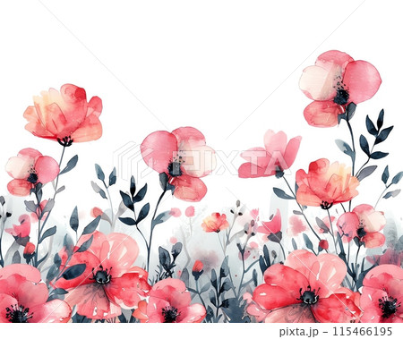 Minimalist summer flower border, watercolor style, pink and red florals, white background, elegant and simple, space for text, light and airy design Minimalist summer flower border, watercolor style, pink and red florals, white background, elegant and simple, space for text, light and airy design 115466195