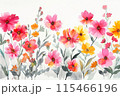 Summer flower watercolor border, vibrant pink and yellow blooms, white background, minimalistic elegance, space for text, gentle brush strokes, fresh design 115466196