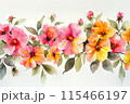 Summer flower watercolor border, vibrant pink and yellow blooms, white background, minimalistic elegance, space for text, gentle brush strokes, fresh design 115466197