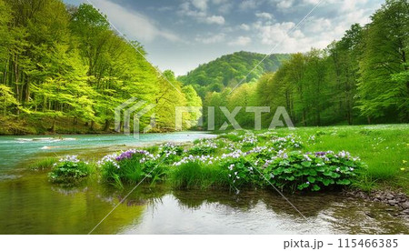 湖畔に咲く花と森の風景 115466385