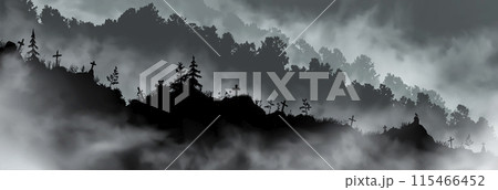 Panorama of the old abandoned graveyard on the hill in front of the mountains covered with forest Panorama of the old abandoned graveyard on the hill in front of the mountains covered with forest 115466452