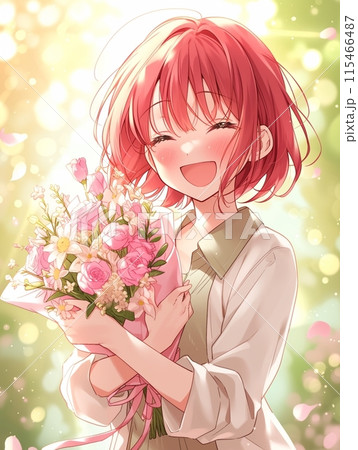 花を持つ笑顔の女の子 115466487