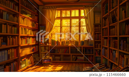 Cozy home library at sunset 115466660