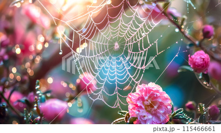 Dew-kissed spider web amongst blooming roses 115466661