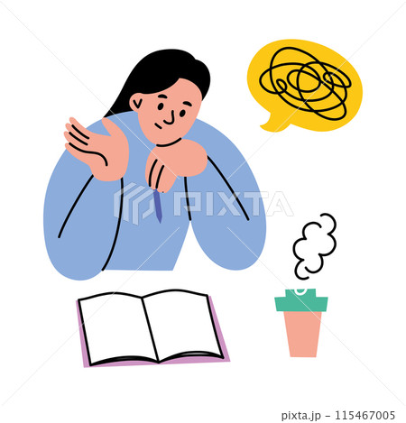Vector illustration of a girl student thinking over an open notebook with a pen in hand, doing homework with confusion and pondering. Flat cartoon style, for educational themes, school, and learning 115467005