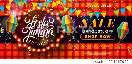 Festa Junina Sale Promotional Business Illustration with Paper Lantern, Party Flag and Glowing Neon Light Letter on Red Checkered Background. Vector Festa de Sao Joao Special Offer Illustration for 115467030