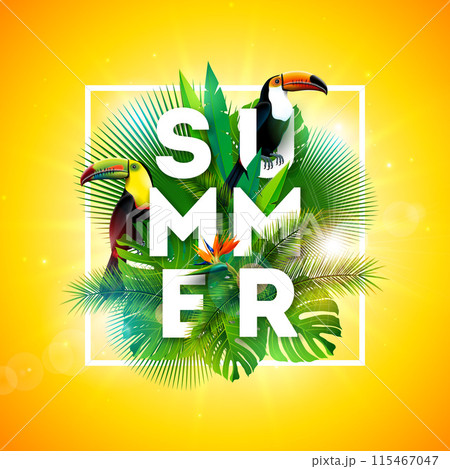 Tropical Summer Holiday Design with Toucan Bird and Parrot Flower on Yellow Background. Vector Typography Illustration with Exotic Palm Leaves and Phylodendron for Banner, Flyer, Invitation, Brochure 115467047