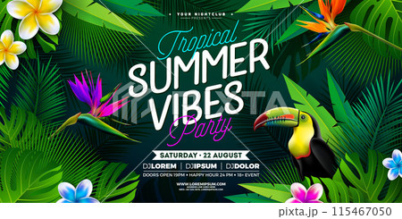 Summer Vibes Party Banner Design Template with Flower, Toucan Bird and Tropical Leaves on Dark Green Background. Vector Summer Celebration Holiday Illustration for Banner, Flyer, Invitation or 115467050