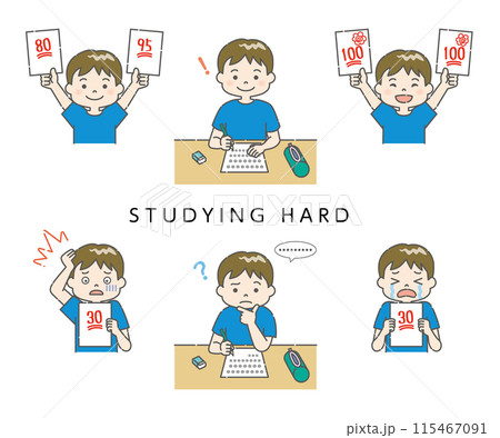 勉強する小学生男子のイラストセット 4C 115467091