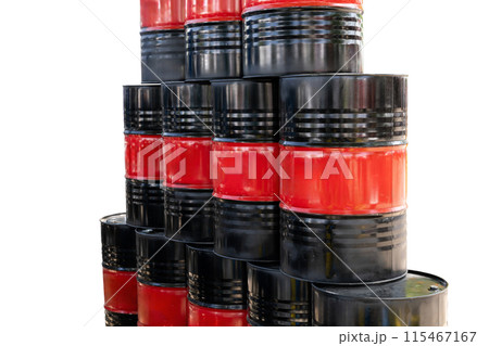 Stack of drums with black and red stripes. Mock up. 115467167