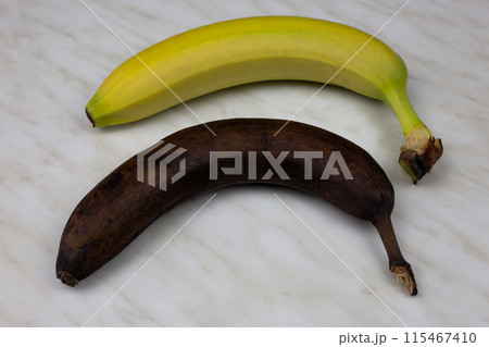 Spoiled banana next to fresh bright banana, rotten banana fruit in a peel lies on white table, unhealthy fruit food 115467410