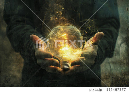 Hands holding glowing light bulb with swirling energy, representing creativity and innovation 115467577