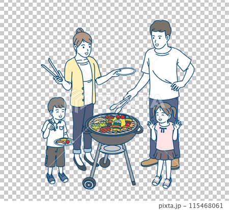 Illustration of a family cooking barbecue Illustration of a family cooking barbecue 115468061