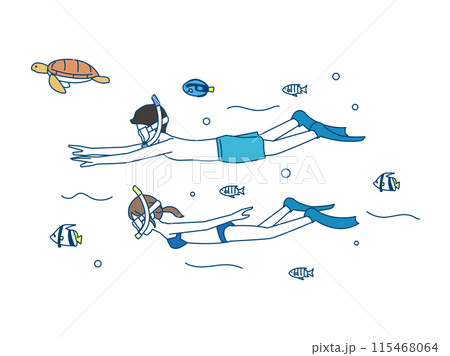 海でシュノーケリングをするカップルのイラスト 115468064