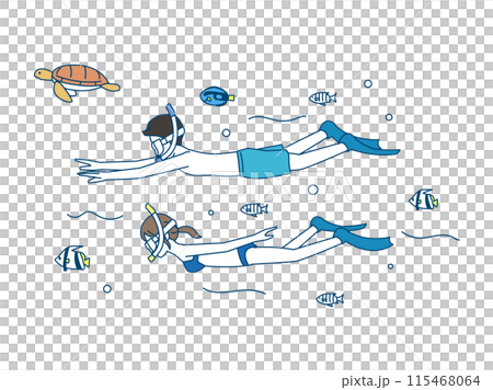 海でシュノーケリングをするカップルのイラスト 115468064