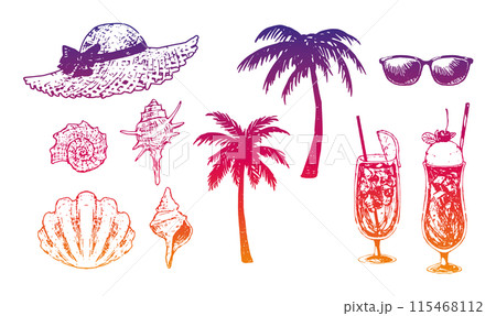 お洒落でかわいい手描きのトロピカルなイラスト装飾セット 夏 海 ペン  