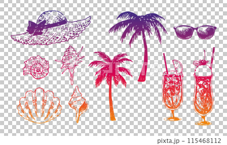 お洒落でかわいい手描きのトロピカルなイラスト装飾セット 夏 海 ペン  