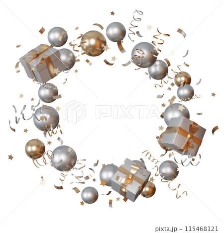 Gold and silver balloons with confetti, stars, presents. Round festive frame, copy space in the middle. Circle with balloons, isolated on white background. Birthday, New Year, Christmas, Party. 3D. 115468121