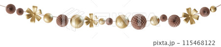 Elegant garland with brown and golden elements, flowers isolated on white background. Can be used as divider, footer or header. Party, Happy Birthday, Wedding design element. Festoon. 3D rendering. 115468122