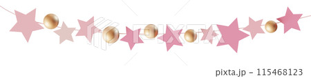 Stylish garland with gold and pink elements isolated on white background. Can be used as divider, footer or header. Happy Birthday, Mothers, Womens Day. Festoon. Its a girl, gender party. 3D. 115468123