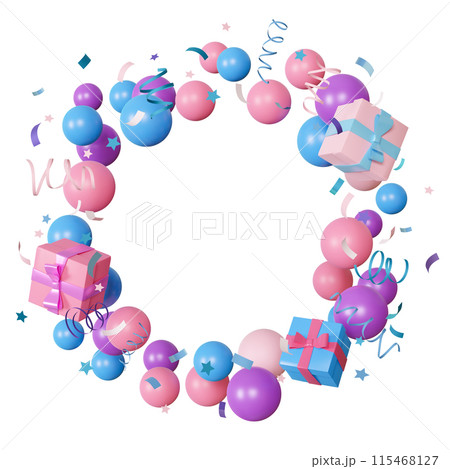 Pastel colored round frame made of colorful balloons, presents, ribbons, confetti, isolated on white background. Ideal for kids birthday cards, children party invitations. Copy space in the middle. 3D Pastel colored round frame made of colorful balloons, presents, ribbons, confetti, isolated on white background. Ideal for kids birthday cards, children party invitations. Copy space in the middle. 3D 115468127