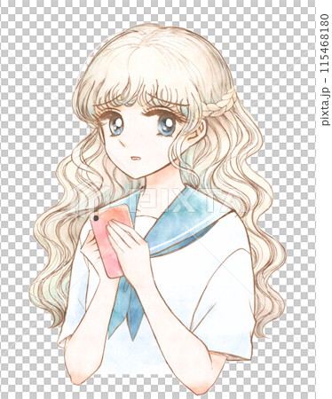 スマホを持つ不安そうなセーラー服美少女・80-90sレトロ漫画風 スマホを持つ不安そうなセーラー服美少女・80-90sレトロ漫画風 115468180