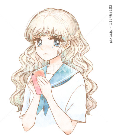 1980年代少女漫画風ファンシーイラスト・スマホを持って泣く子 1980年代少女漫画風ファンシーイラスト・スマホを持って泣く子 115468182