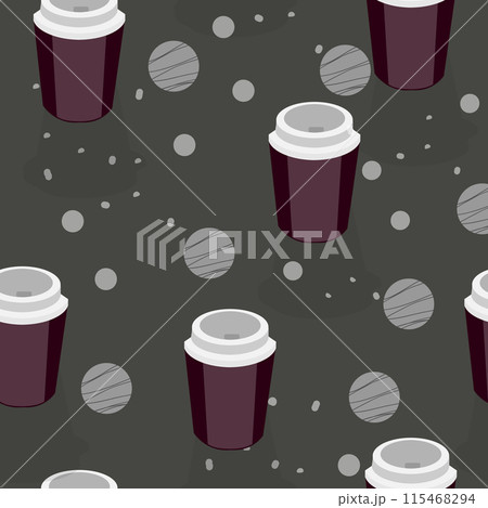 Seamless Pattern with Coffee Plastic or Papier Cups on Dark Background with Abstract Circles. Vector grafics for use in packaging design, textiles, wallpapers, stationery, and other products. 115468294