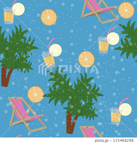 seamless pattern with beach items: beach chair, palm trees, glasses with juice, orange slices. Vector grafics for summer designs, textile decor, packaging, wrapping paper. seamless pattern with beach items: beach chair, palm trees, glasses with juice, orange slices. Vector grafics for summer designs, textile decor, packaging, wrapping paper. 115468298